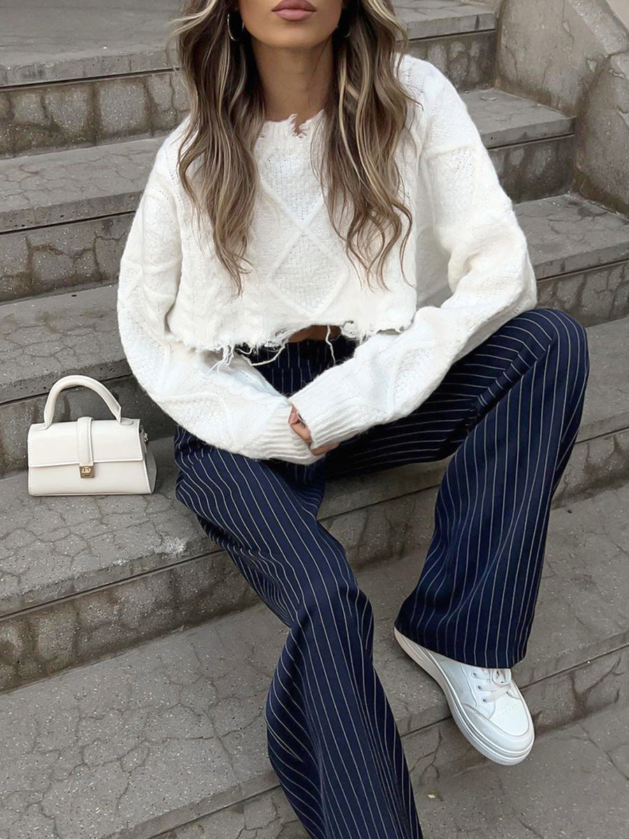 Women's Navy Striped High Waist Wide Leg Trousers