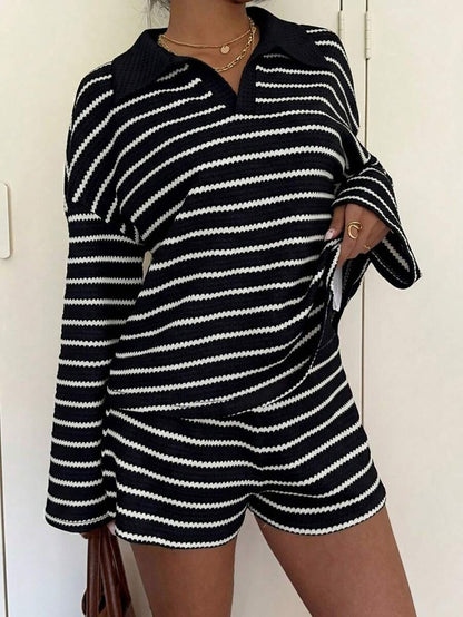 Striped Polo Lounge Set Long Sleeve Top & Shorts Set