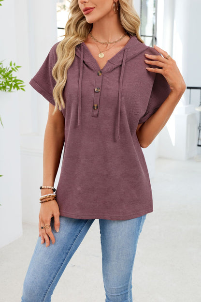 Waffle Knit Hooded Short Sleeve Button Drawstring Top
