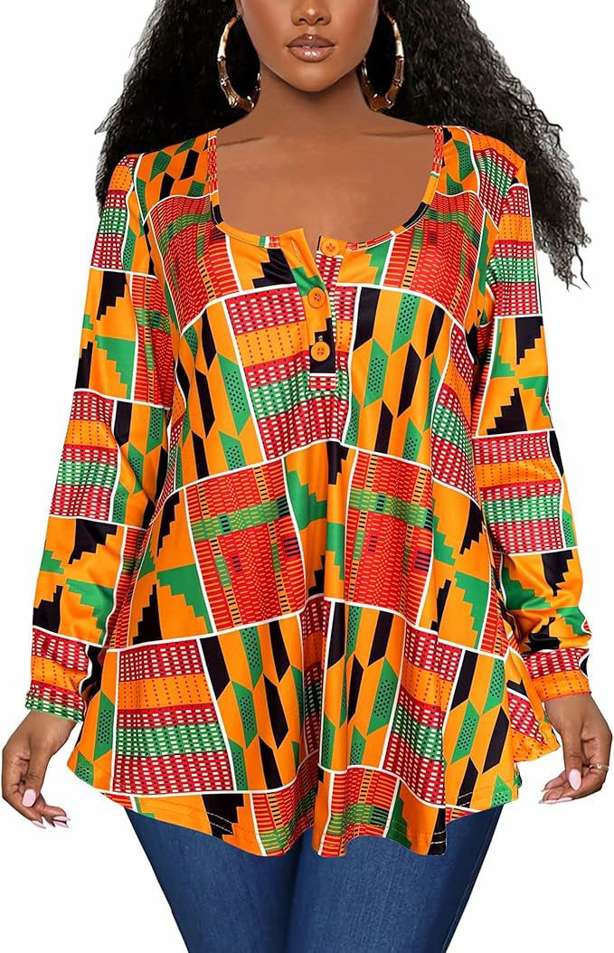 Plus Size African Print Long Sleeve Henley Tunic Top