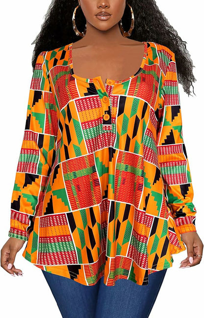 Plus Size African Print Long Sleeve Henley Tunic Top