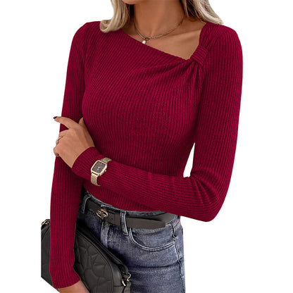 Women's Asymmetric Ribbed Knit Long Sleeve Top Knot Detail