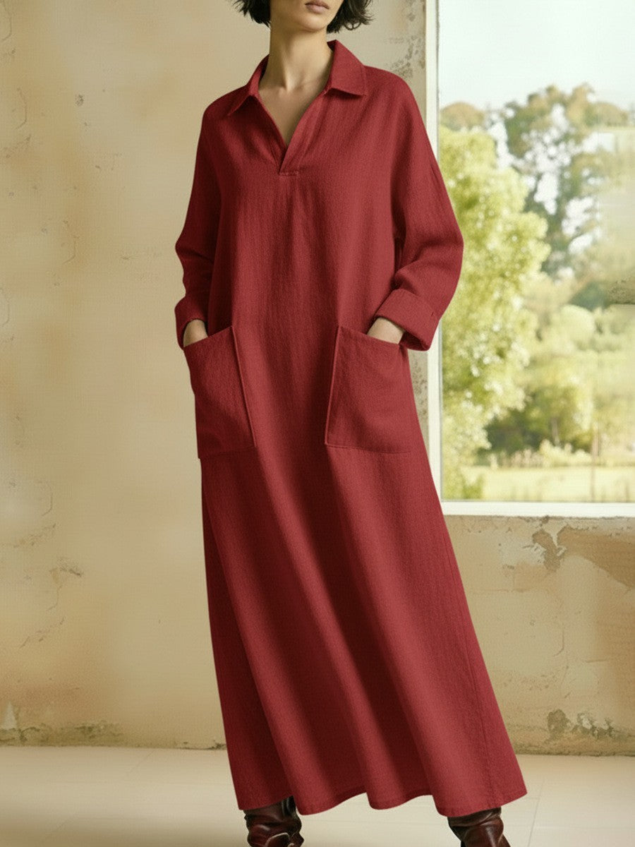 Women's Casual Long Sleeve Polo Maxi Dress with Pockets