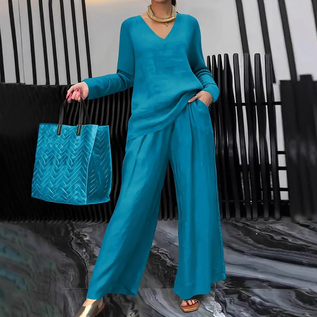 Women's Casual V Neck Wide Leg Pants Matching Set Plus Size
