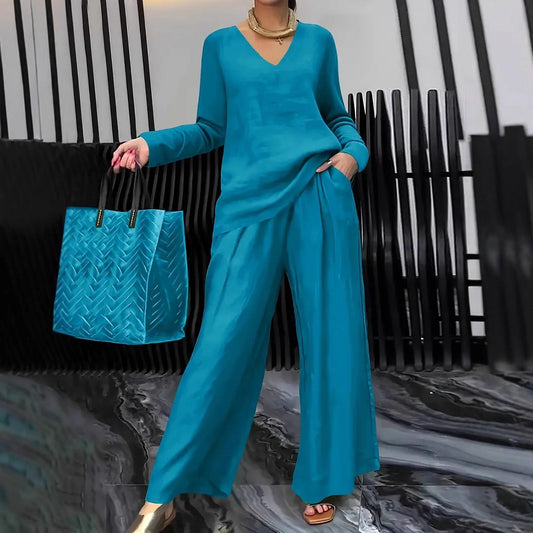 Women's Casual V Neck Wide Leg Pants Matching Set Plus Size