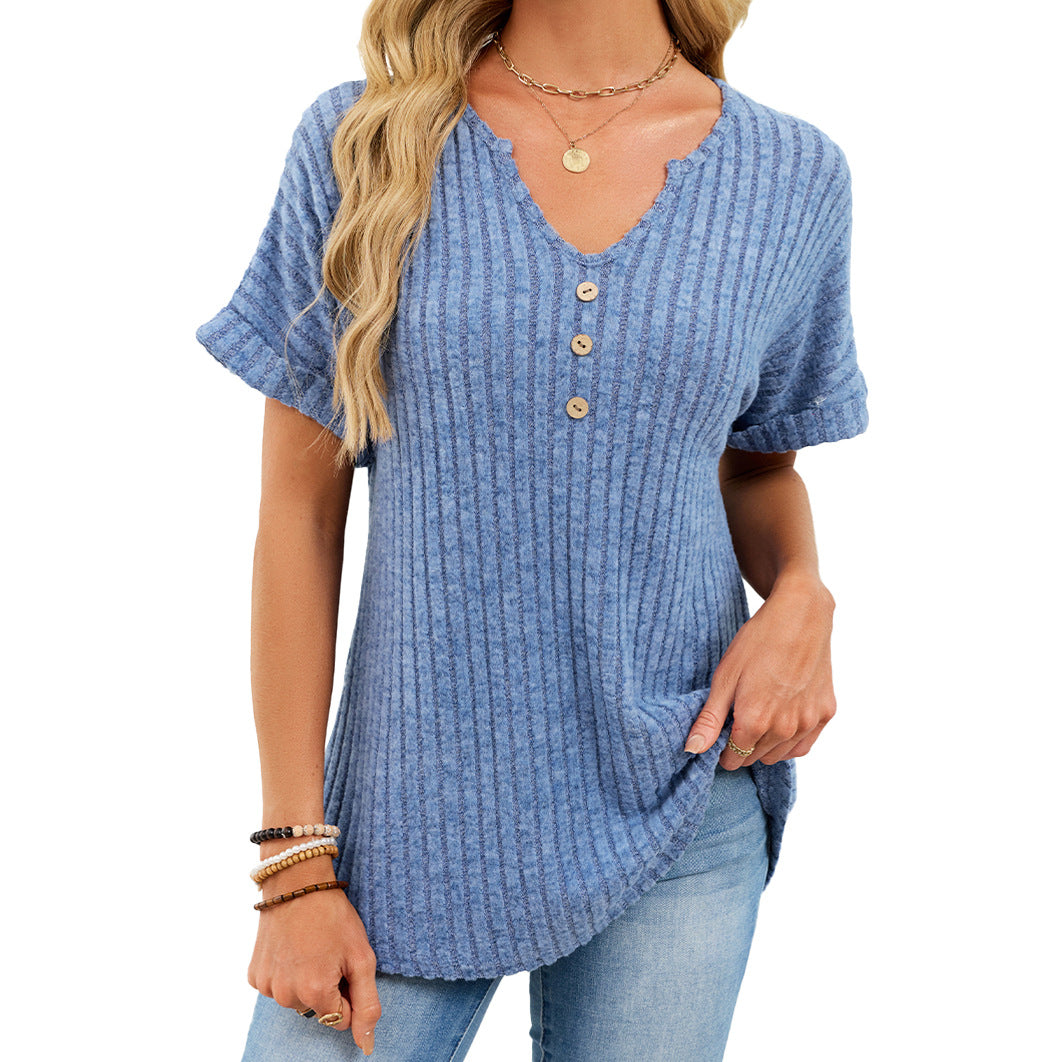 Ribbed V-Neck Button Top – Loose Fit Summer Casual Tee