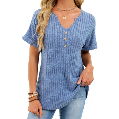 Ribbed V-Neck Button Top – Loose Fit Summer Casual Tee