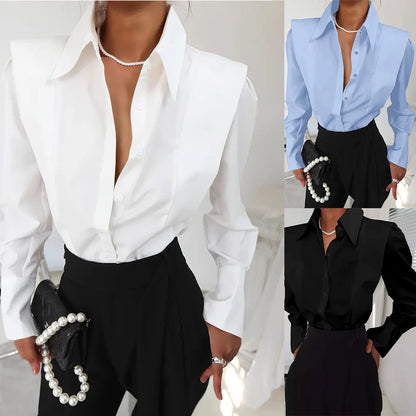 Women's Square Shoulder Button Down Blouse Long Sleeve Top