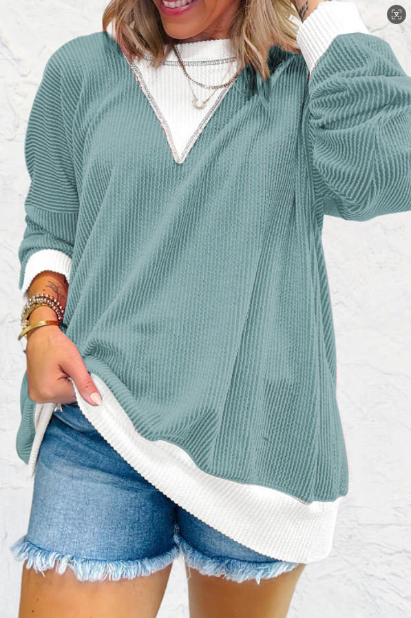 Colorblock Ribbed Sweatshirt Women Casual V Neck Pullover