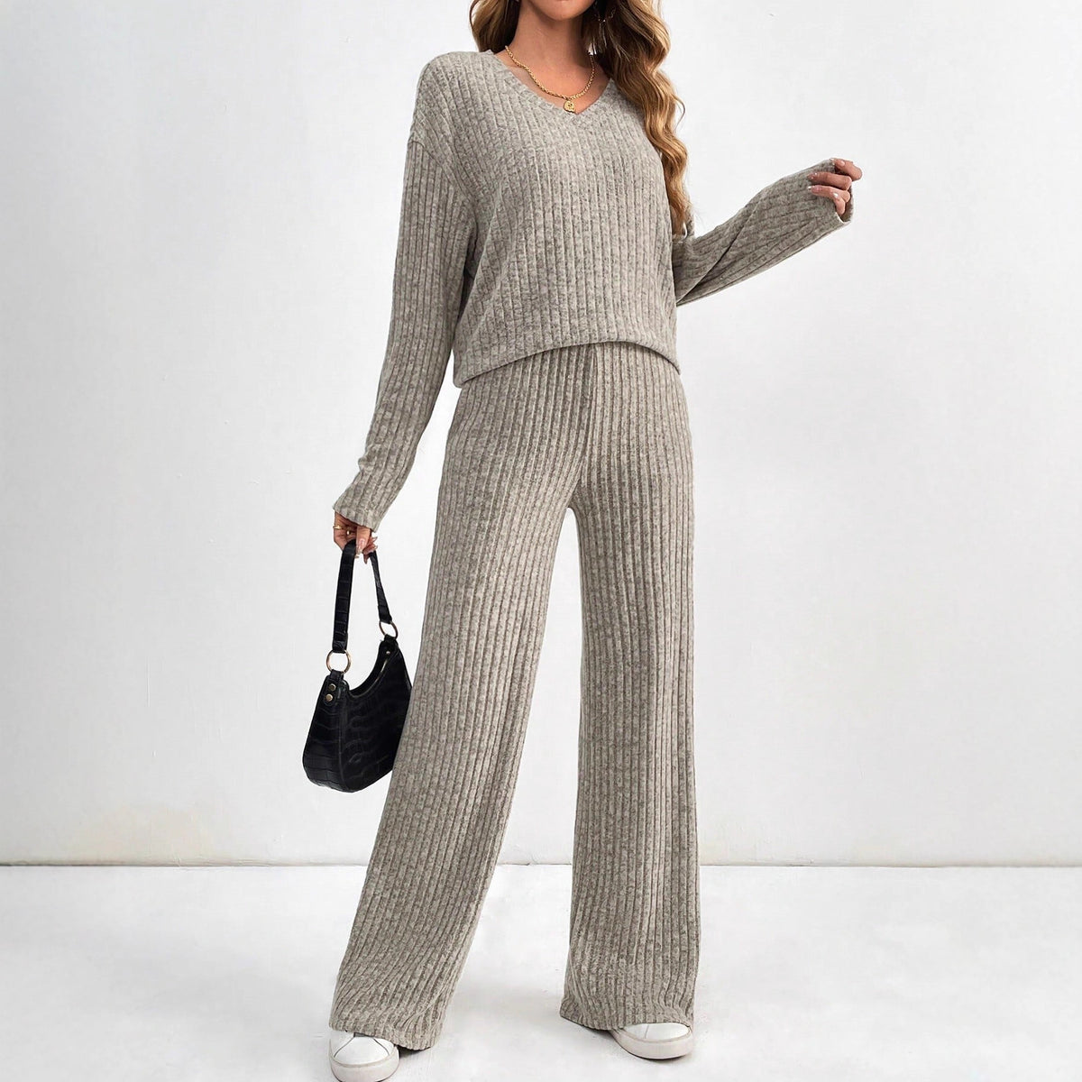 Women's Ribbed Two Piece Lounge Set Wide Leg Pants