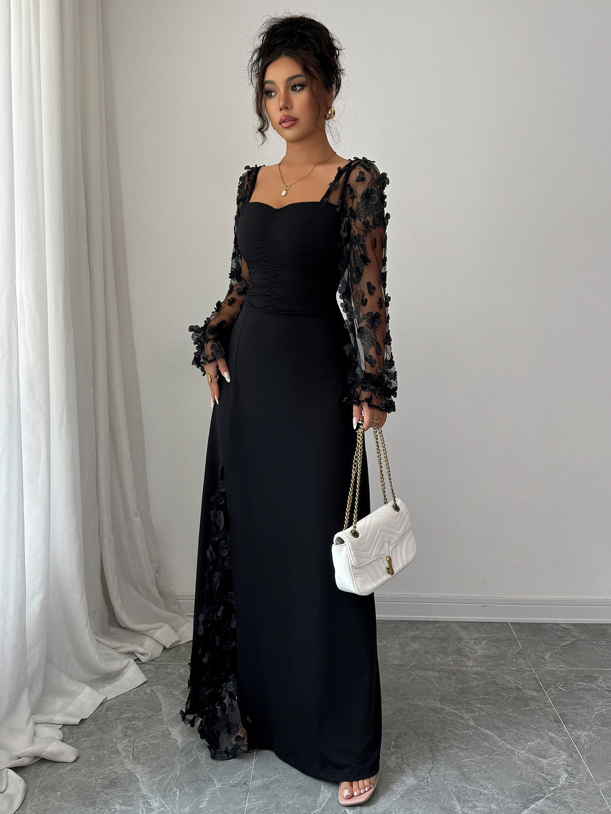 Floral Mesh Puff Sleeve Square Neck Maxi Dress