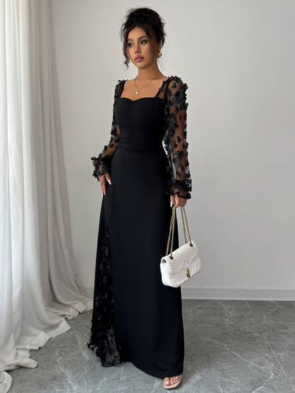 Floral Mesh Puff Sleeve Square Neck Maxi Dress