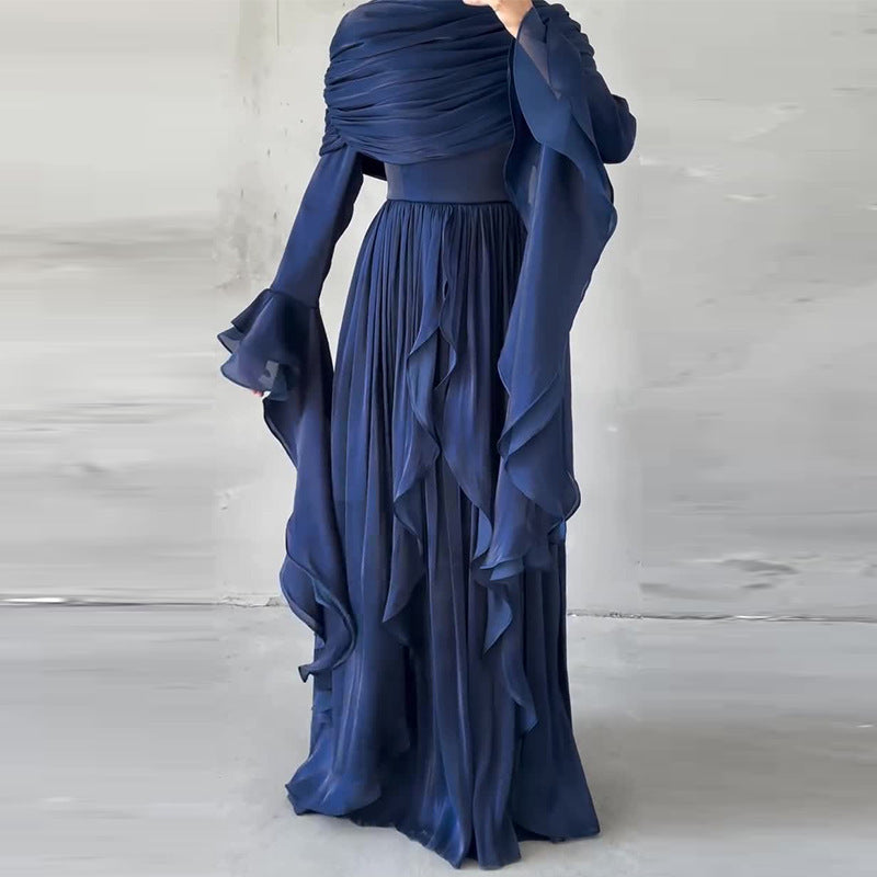 Women's Elegant Pleated Long Sleeve Maxi Dress