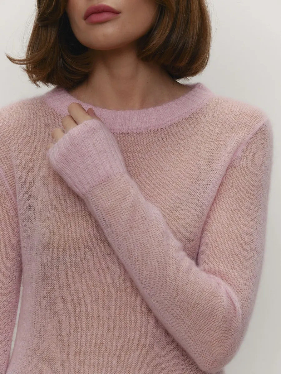 Sheer Crew Neck Lightweight Knit Pullover Sweater