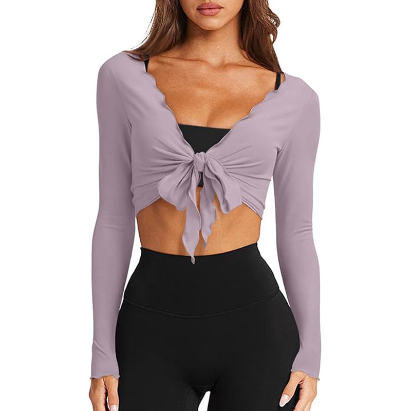Women's V Neck Wrap Crop Top Long Sleeve Lettuce Trim Knit