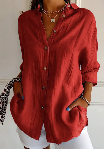 Women's Oversized Pleated Button Down Long Sleeve Shirt
