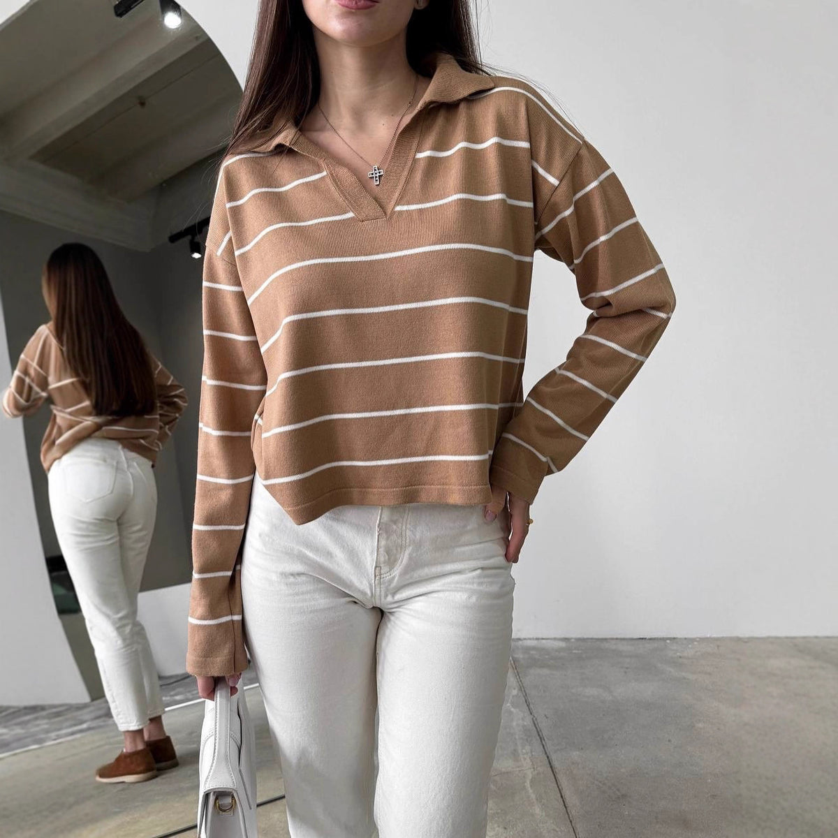 Women's Oversized Striped V-Neck Knit Sweater