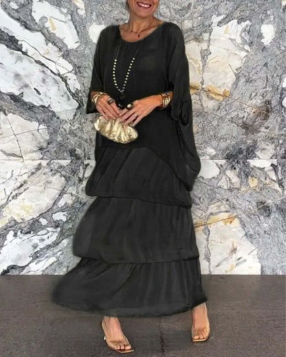 Women's Chiffon Tiered Maxi Dress Batwing Sleeve