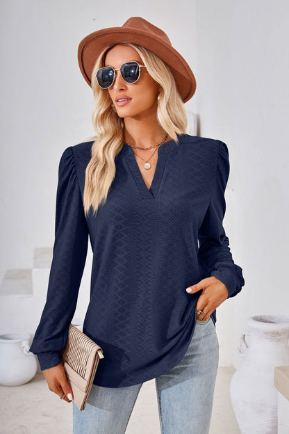 Women's V Neck Puff Sleeve Textured Tunic Top Long Sleeve