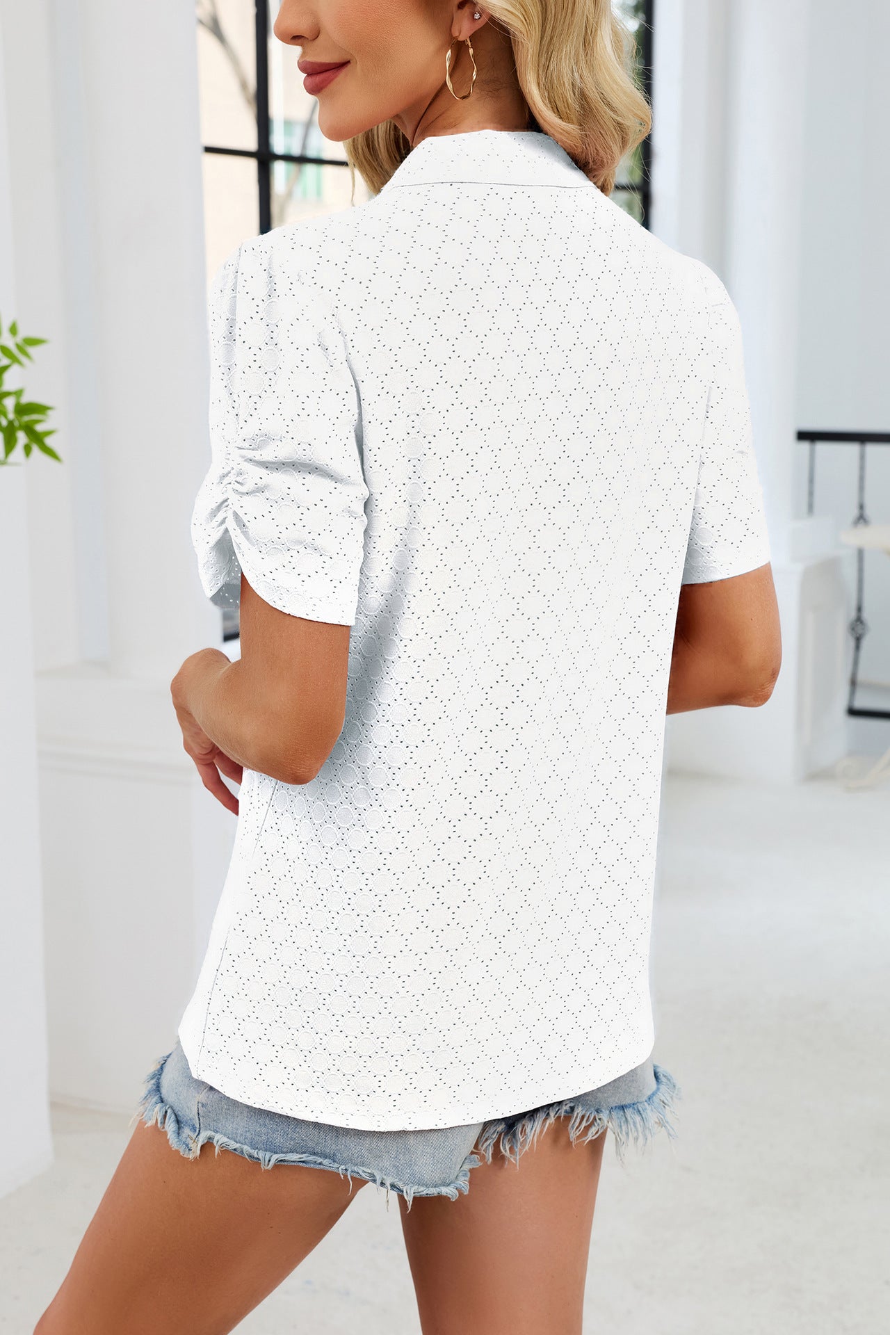 Women's V-Neck Puff Sleeve Polo Shirt Loose Casual Summer Top