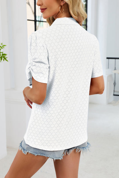 Women's V-Neck Puff Sleeve Polo Shirt Loose Casual Summer Top