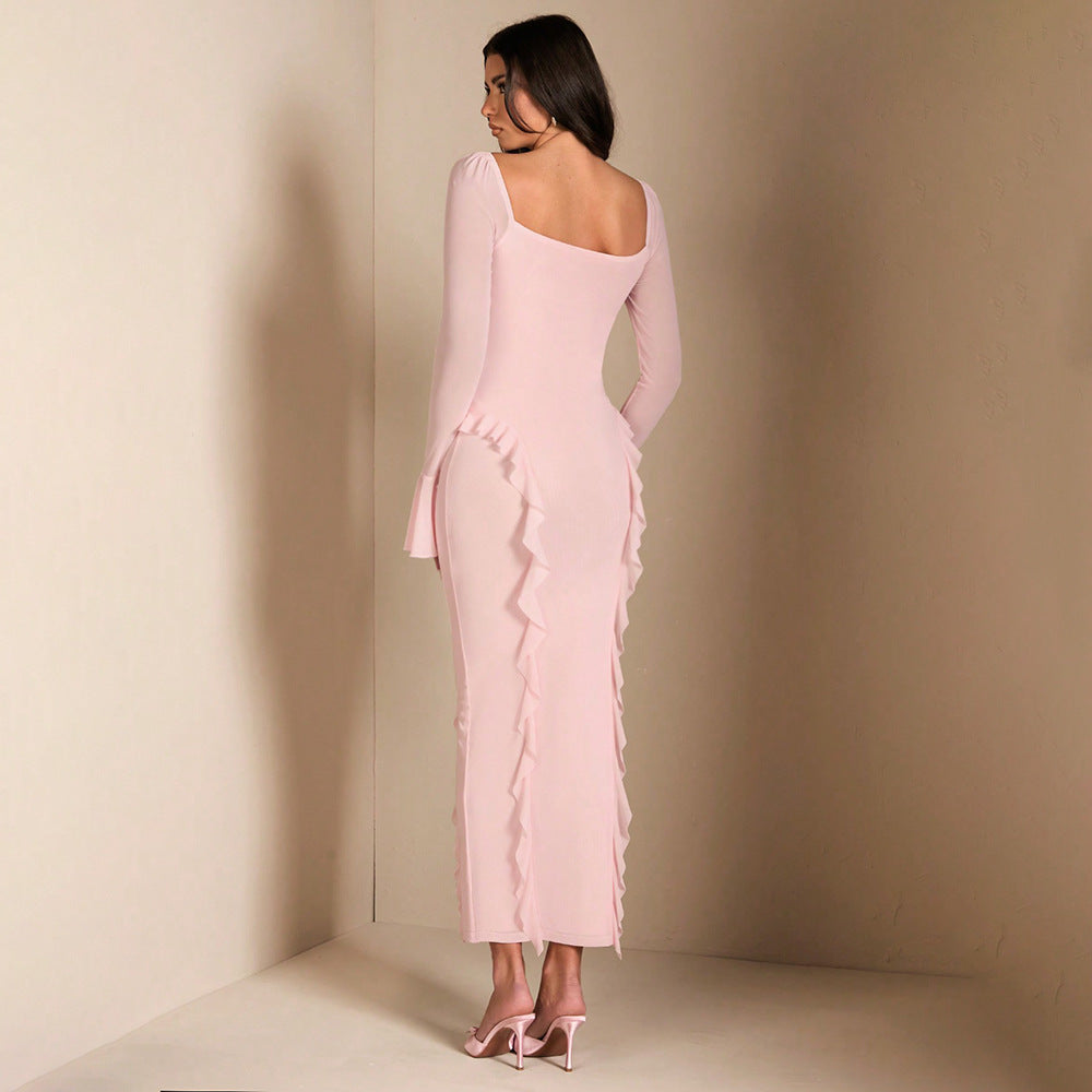V Neck Bell Sleeve Ruffle Bodycon Midi Dress