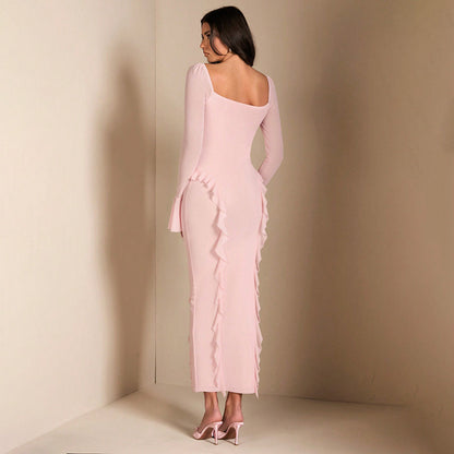 V Neck Bell Sleeve Ruffle Bodycon Midi Dress