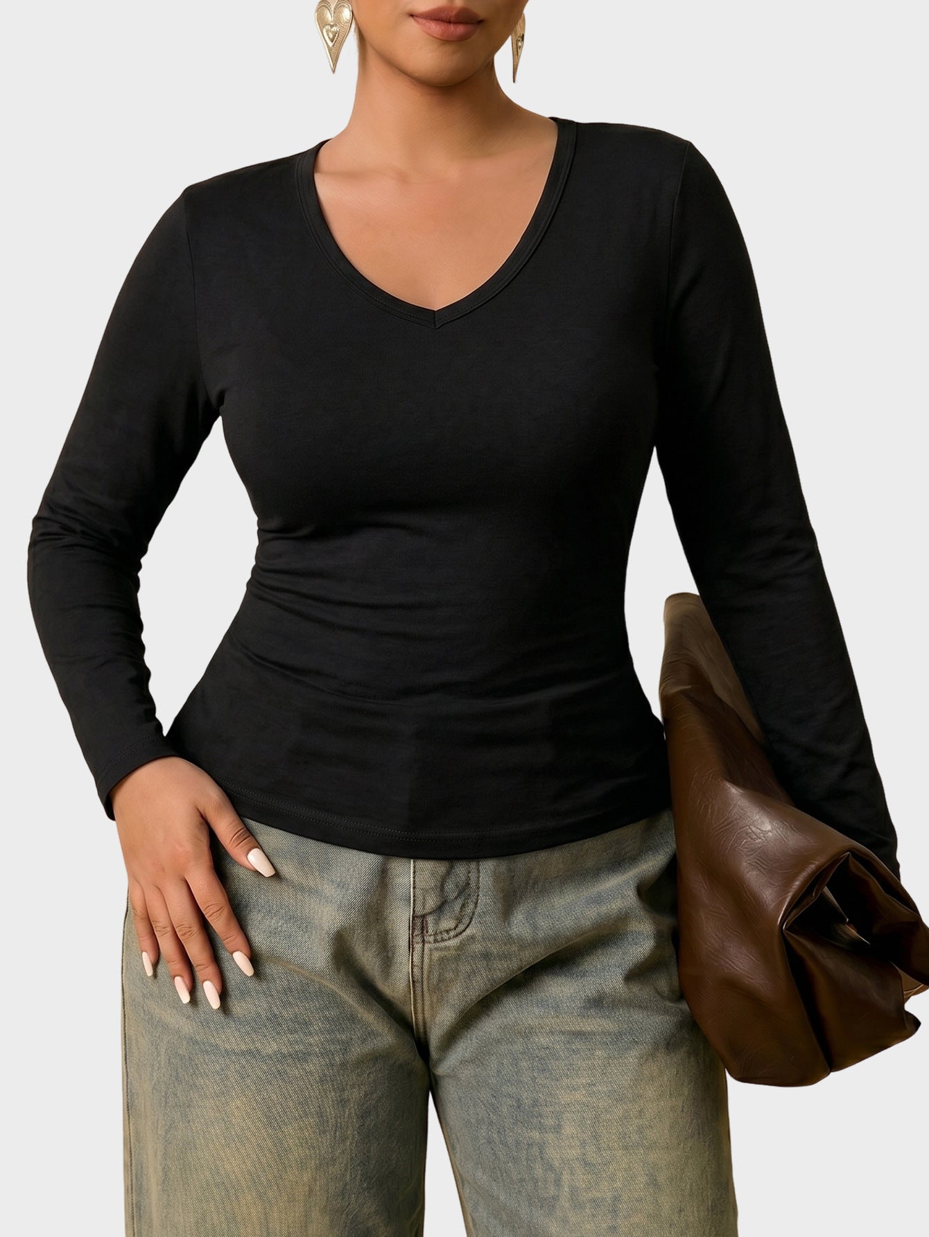 Plus Size V Neck Long Sleeve Fitted T Shirt