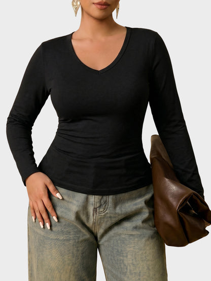 Plus Size V Neck Long Sleeve Fitted T Shirt