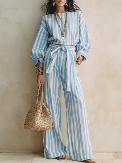 Striped Two Piece Crop Top Wide Leg Pants Set
