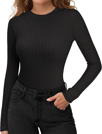 Women's Ribbed Long Sleeve Crew Neck Fitted Top