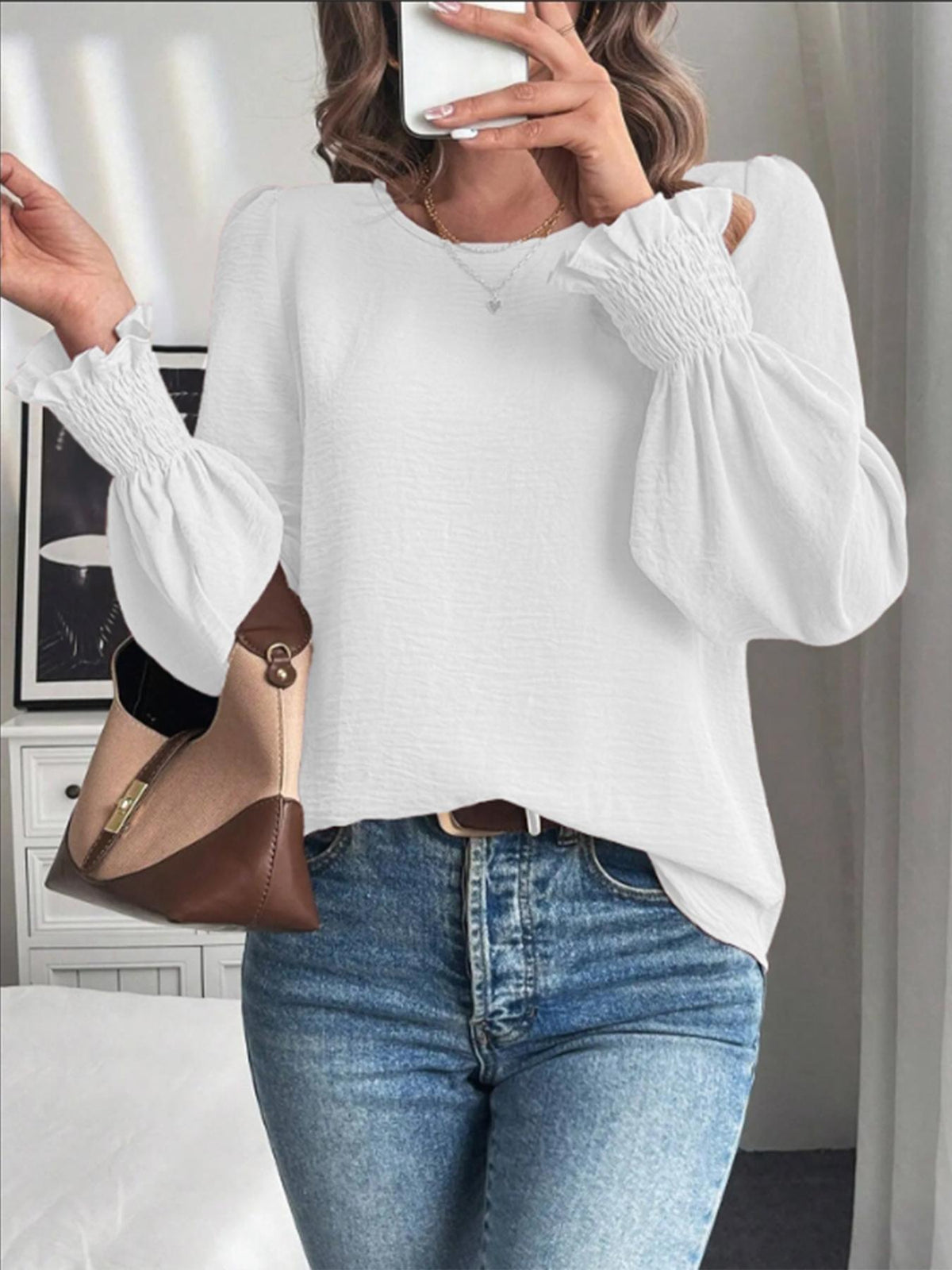 Women's Round Neck Balloon Sleeve Casual Blouse
