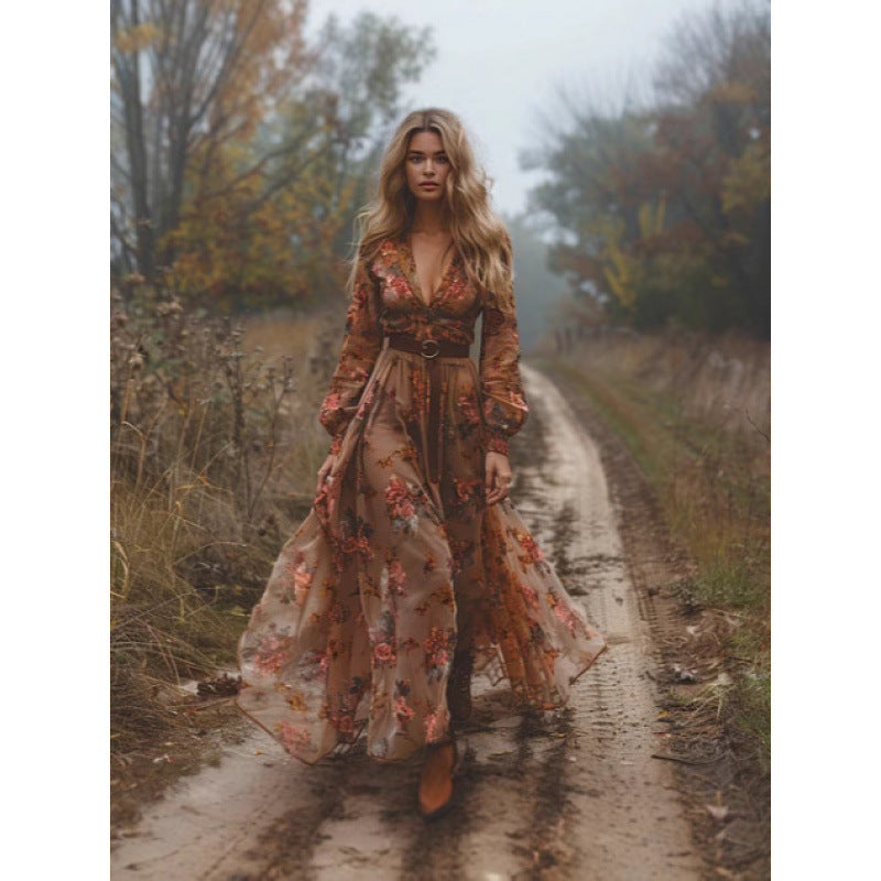 Boho Floral Long Sleeve V Neck Maxi Dress