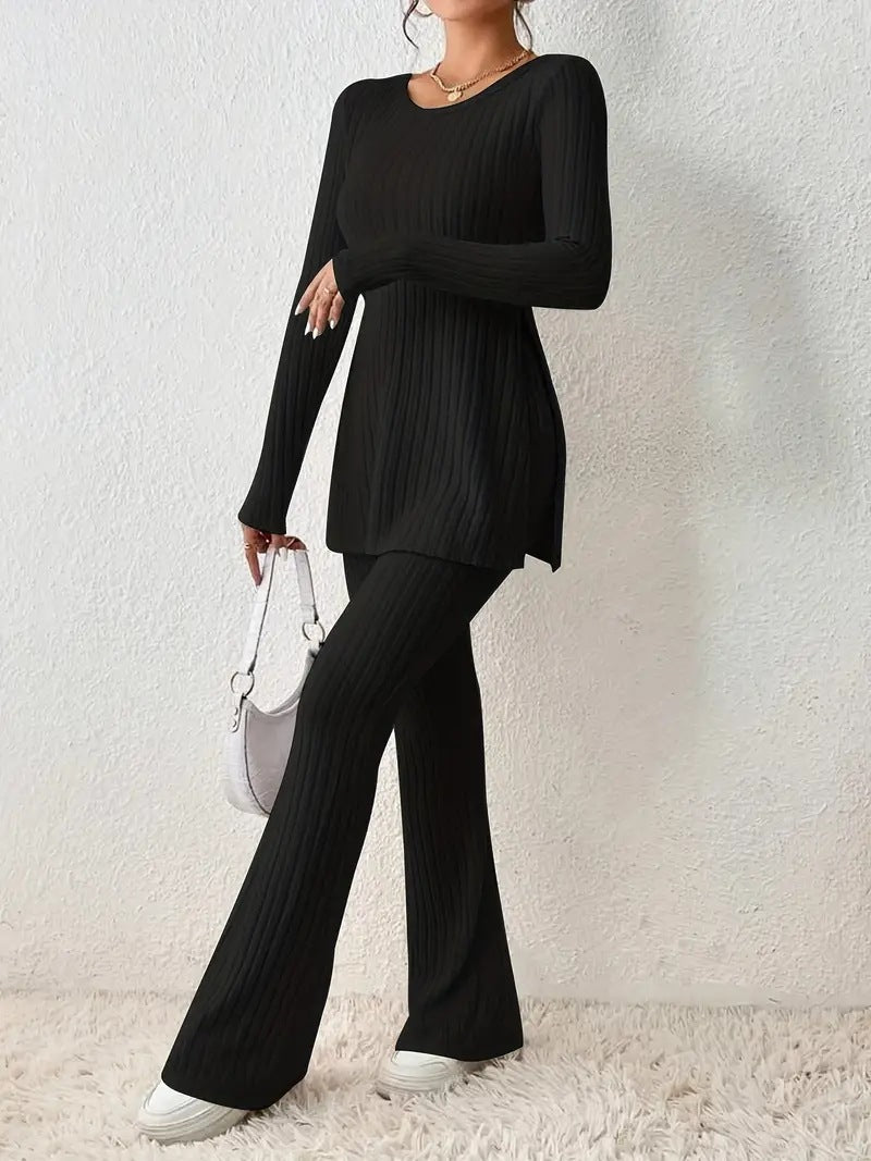 Women's Ribbed Knit Slim Fit Two Piece Pants Set