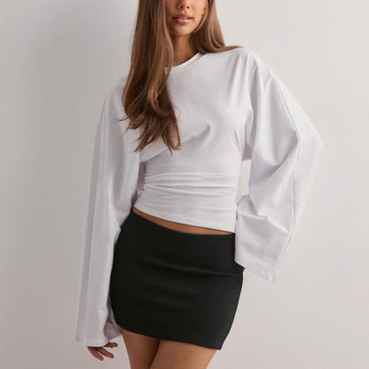 Women's Batwing Long Sleeve Cinched Waist Crew Neck Top