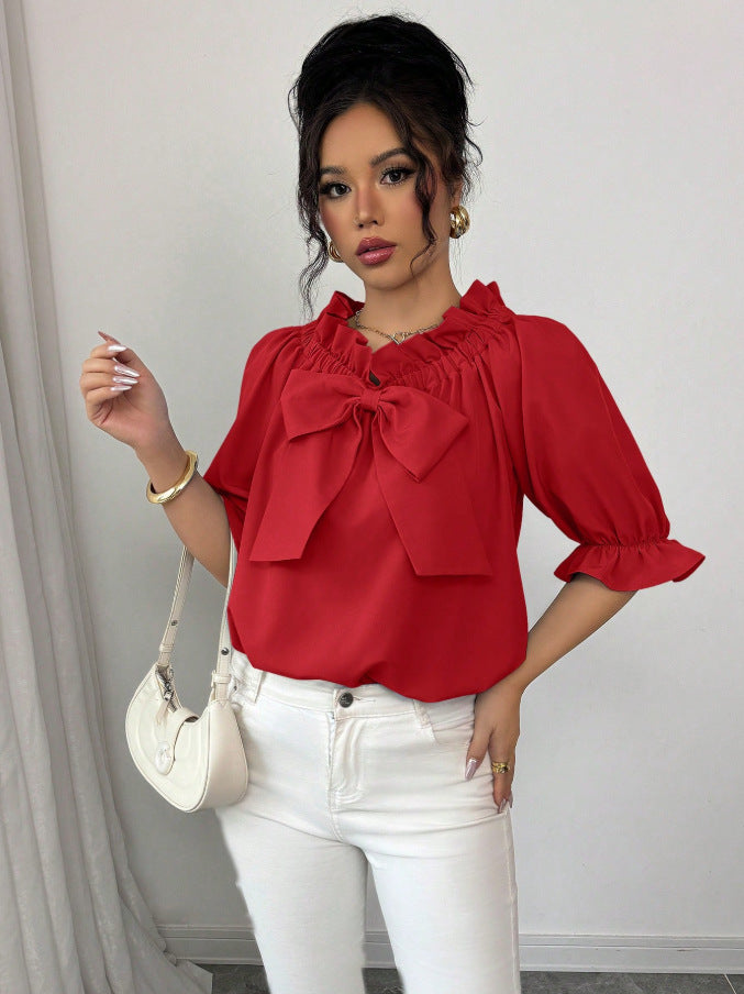 Bow Tie Ruffle Neck Blouse Puff Sleeve Dressy Casual Top