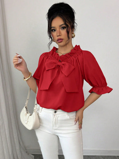 Bow Tie Ruffle Neck Blouse Puff Sleeve Dressy Casual Top