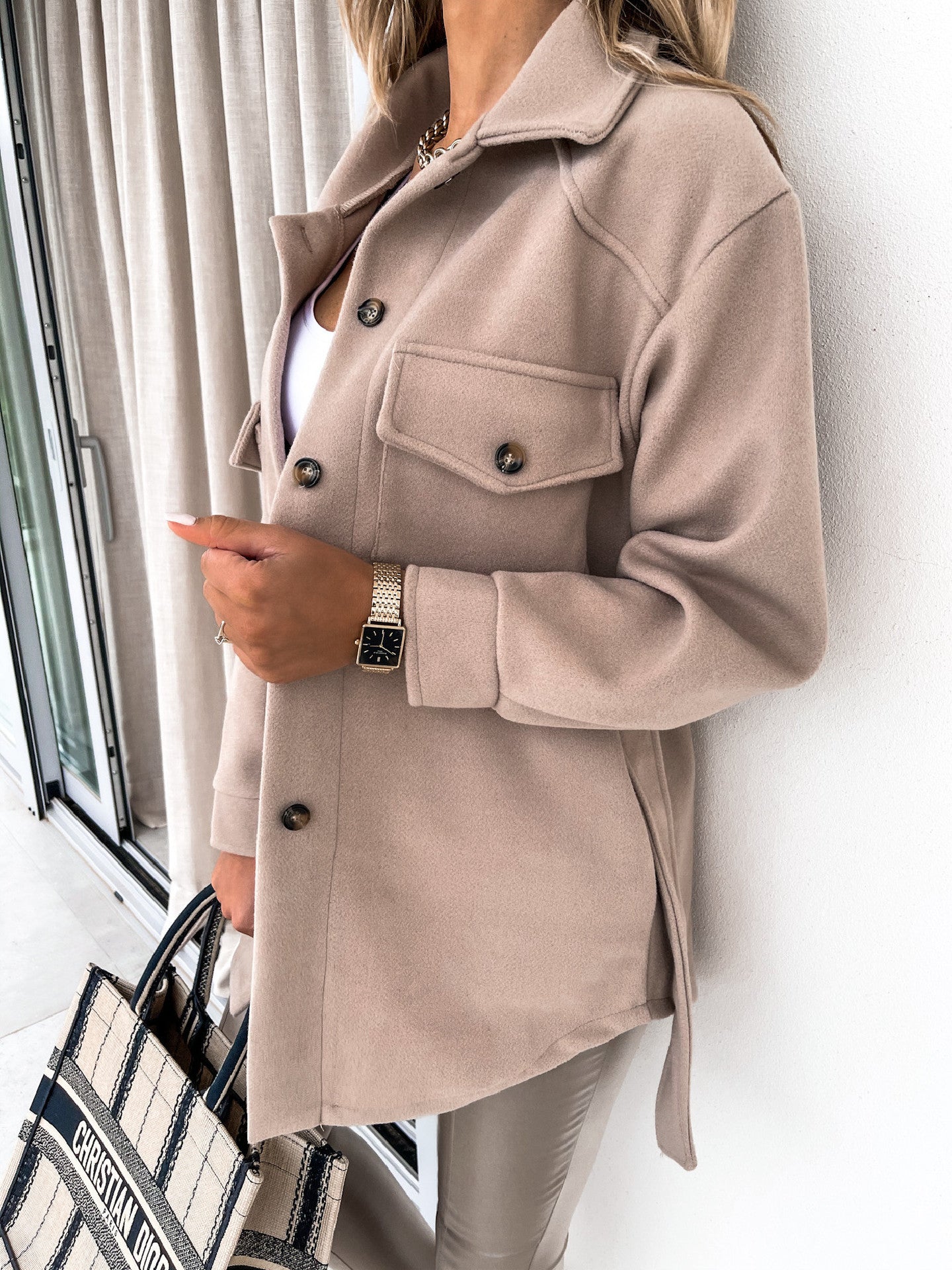 Womens Belted Wool Blend Shacket Jacket