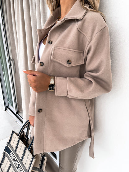 Womens Belted Wool Blend Shacket Jacket