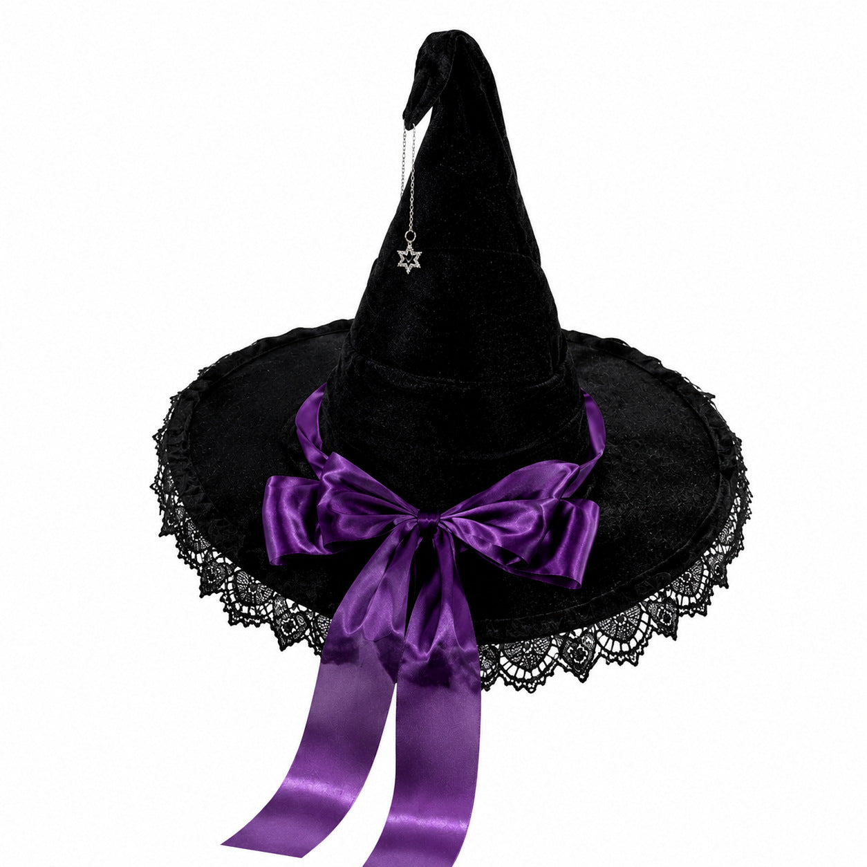 Gothic Velvet Witch Hat with Lace Brim and Satin Bow