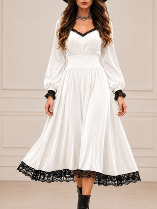 Women's Velvet Lace Trim V-Neck Long Sleeve Midi Dress