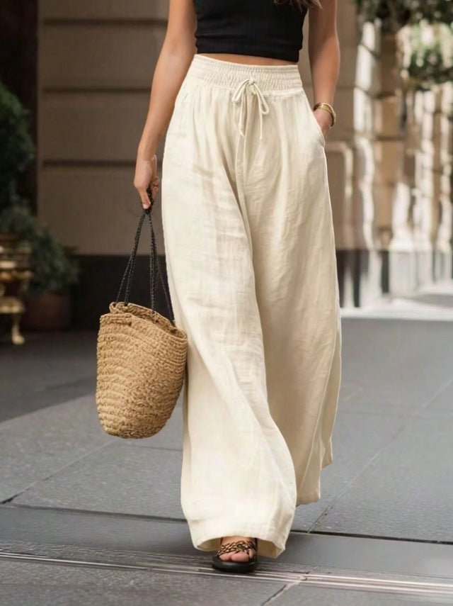 Women's Smocked High Waist Linen Blend Wide Leg Pants