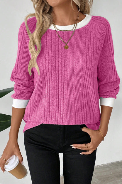 Women's Color Block Ribbed Crew Neck Long Sleeve Sweater