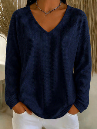 Women's Waffle Knit V Neck Long Sleeve Oversized Top