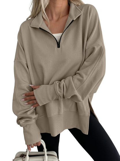 Women's Oversized Quarter Zip Sweatshirt Side Slit Pullover