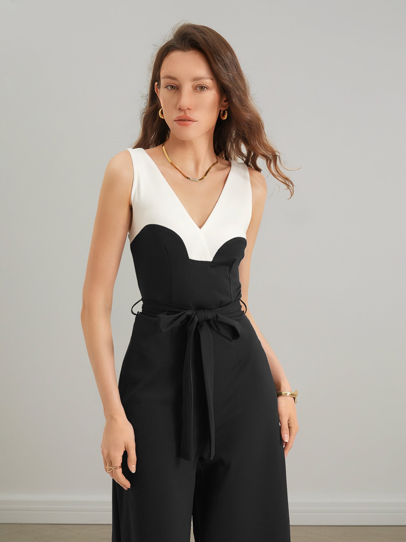 Sleeveless Color Block Jumpsuit Tie Waist Wide Leg