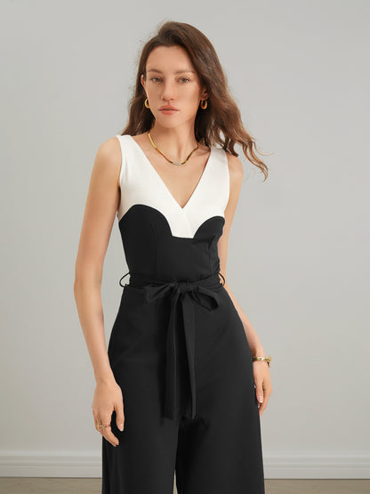 Sleeveless Color Block Jumpsuit Tie Waist Wide Leg