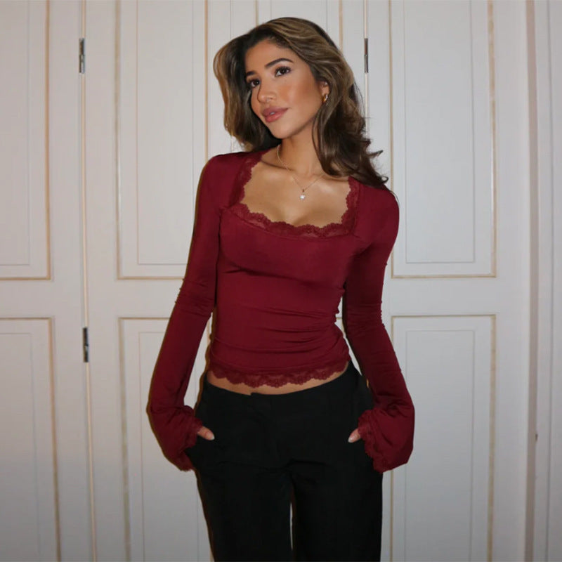 Women's Square Neck Lace Trim Long Sleeve Fitted Top