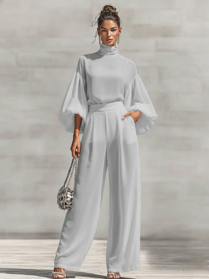 Women's Lantern Sleeve Blouse Wide Leg Pants Two Piece Set