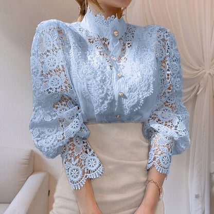 Women's Crochet Lace Floral Bishop Sleeve Blouse